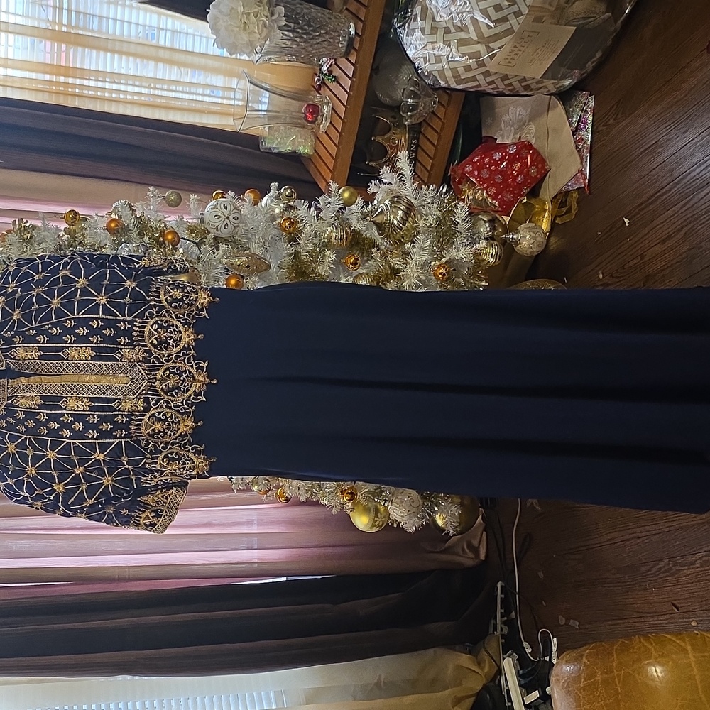 Elegant Navy Women's Dress With Gold Embroidery - Picture 6 of 12